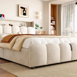 Gestoffeerd opbergbed 140×200 cm – met LED-verlichting – met USB- + Type-C-poorten – fluweel – beige (matras niet inbegrepen) Gestoffeerd opbergbed 140×200 cm – met LED-verlichting – met USB- + Type-C-poorten – fluweel – beige (matras niet inbegrepen)
