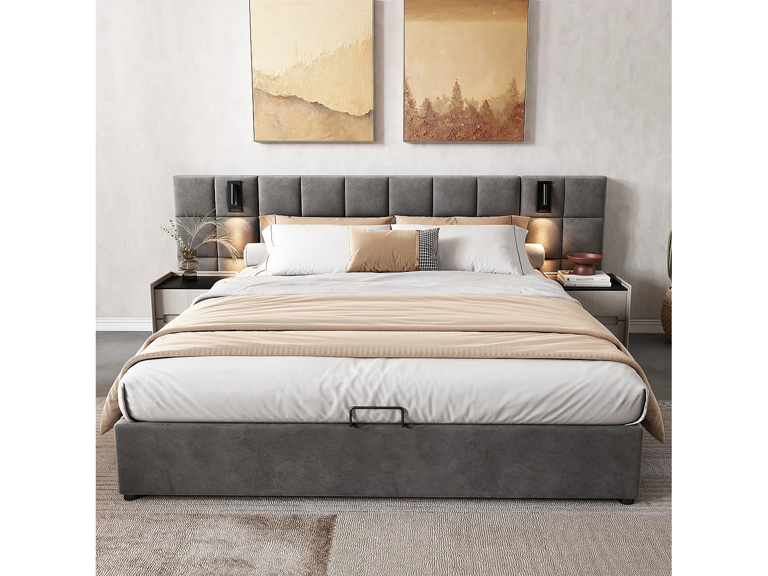Gestoffeerd bed met hydraulische opbergruimte, leeslamp en USB, 160×200 cm, grijs, hoofdbord van schuim