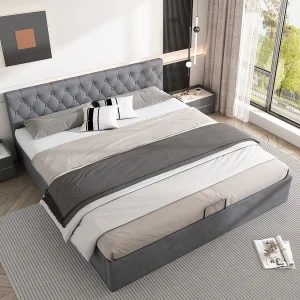 Grijs fluwelen bed 180×200 cm met knoopkop en hydraulische opbergruimte