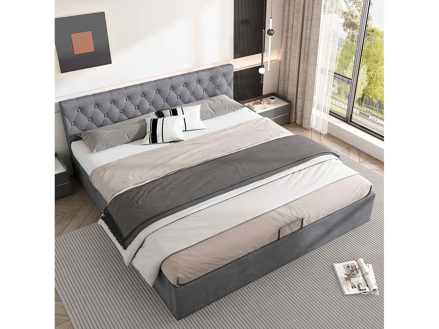 Grijs fluwelen bed 180×200 cm met knoopkop en hydraulische opbergruimte