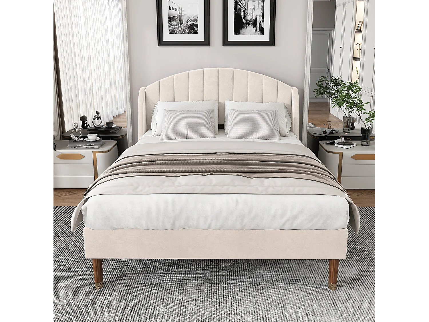 Gestoffeerd bed 140×190 cm in beige met lattenbodem en comfortabele hoofdbord