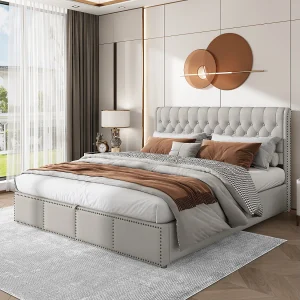 Gestoffeerd bed van linnen, 160 x 200 cm, grijs, met opbergruimte en elegante nagelontwerpen