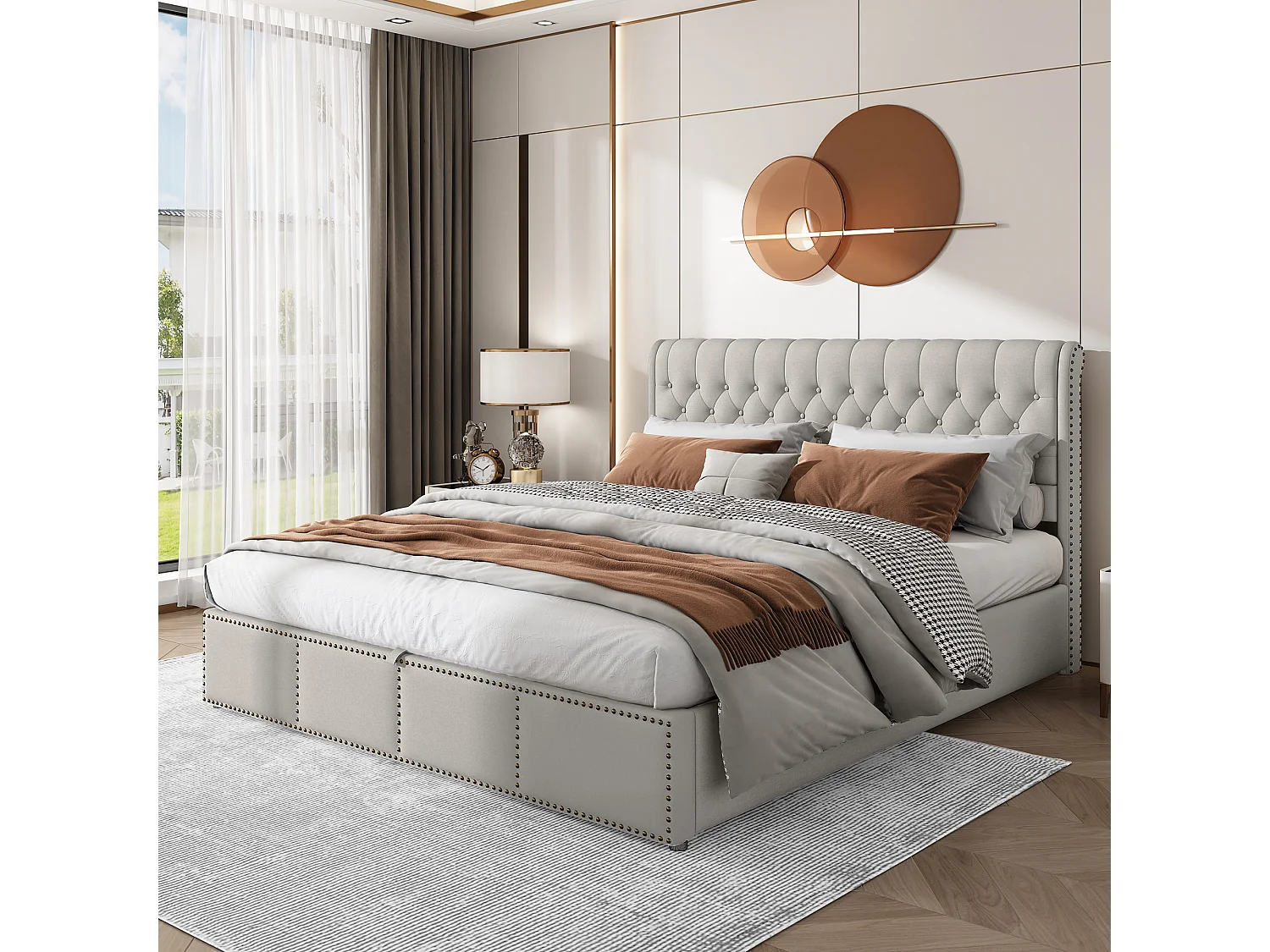 Gestoffeerd bed van linnen, 160 x 200 cm, grijs, met opbergruimte en elegante nagelontwerpen