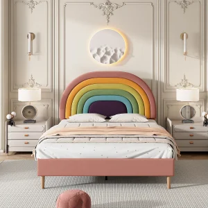 Gestoffeerd bed 140×200 cm, met lattenbodem en hoofdbord, modern ontwerp in roze fluweel Gestoffeerd bed 140×200 cm, met lattenbodem en hoofdbord, modern ontwerp in roze fluweel