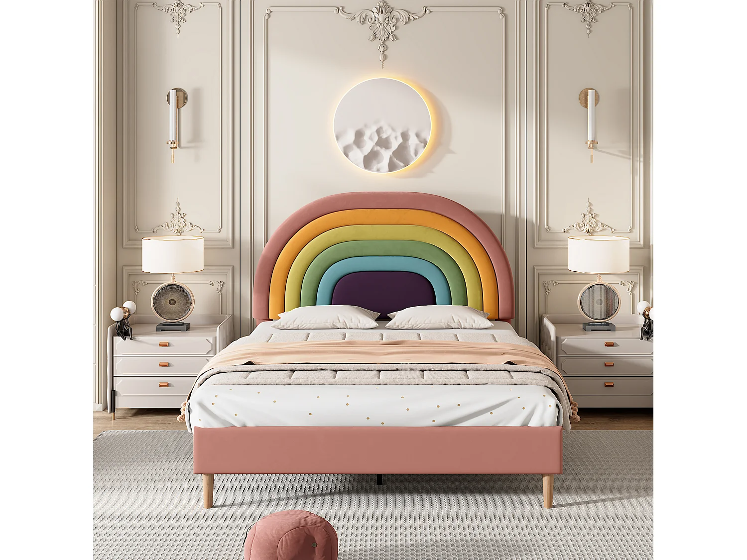Gestoffeerd bed 140×200 cm, met lattenbodem en hoofdbord, modern ontwerp in roze fluweel