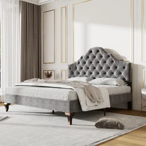 Gestoffeerd bed 140×200 cm met lattenbodem en verstelbare hoofdbord, grijs Gestoffeerd bed 140×200 cm met lattenbodem en verstelbare hoofdbord, grijs