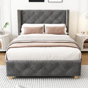 Gestoffeerd bed 90×200 cm met lattenbodem en hoofdbord, knoopbekleding, nagels, houten poten, fluweel, grijs