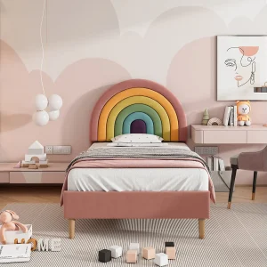 Gestoffeerd bed 90×200 cm, met lattenbodem en verstelbare rugleuning, modern design in roze fluweel