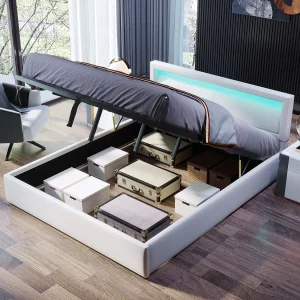 Gestoffeerd LED-bed, 140×200 cm, wit, met ladder en veiligheidsleuning, opbergruimte Gestoffeerd LED-bed, 140×200 cm, wit, met ladder en veiligheidsleuning, opbergruimte