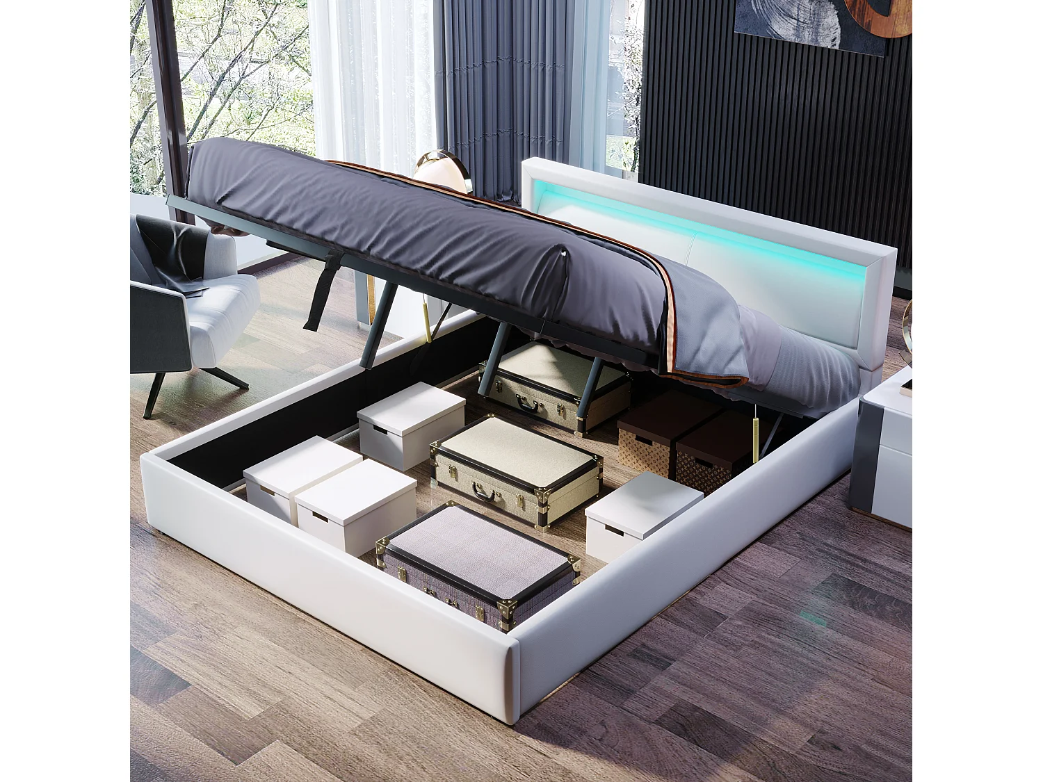 Gestoffeerd LED-bed, 140×200 cm, wit, met ladder en veiligheidsleuning, opbergruimte