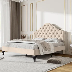 Gestoffeerd bed 140×190 cm in beige fluweel met lattenbodem en verstelbare hoofdbord Gestoffeerd bed 140×190 cm in beige fluweel met lattenbodem en verstelbare hoofdbord