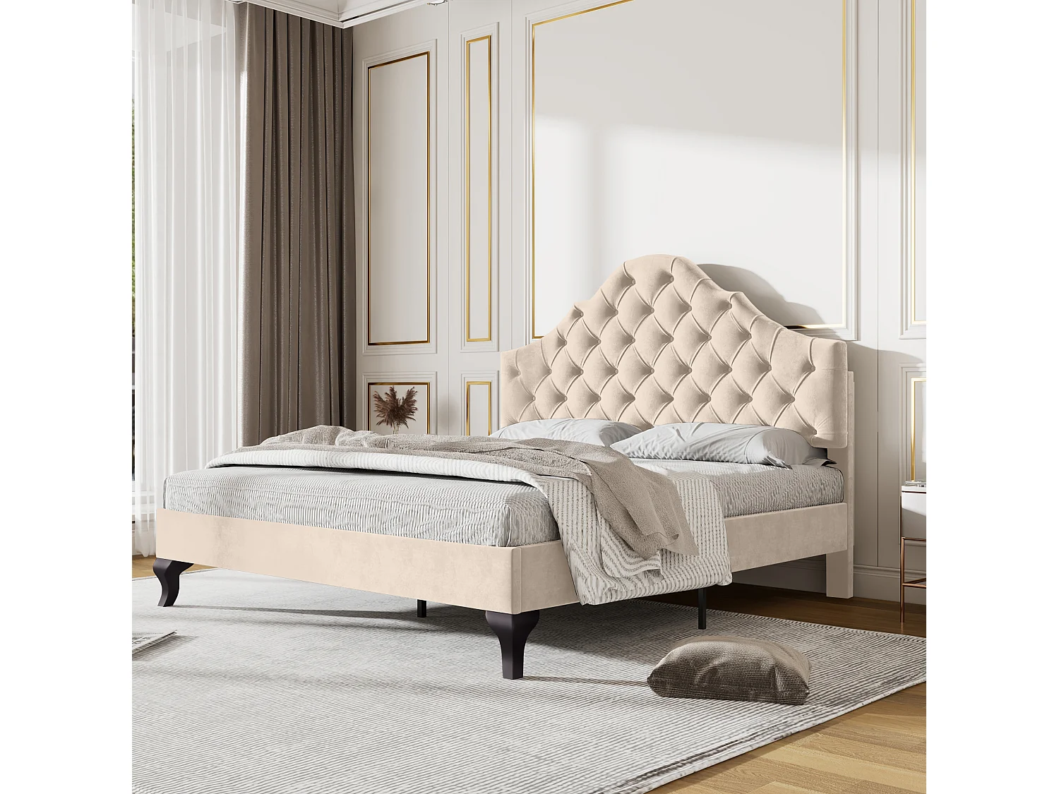 Gestoffeerd bed 140×190 cm in beige fluweel met lattenbodem en verstelbare hoofdbord