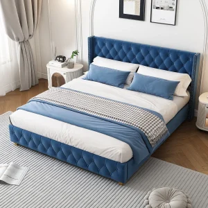 Gestoffeerd bed 160×200 cm met lattenbodem en hoofdeinde, knoopbekleding, nagels, houten poten, fluweel, blauw