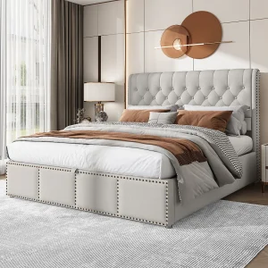 Grijze linnen bed 140×200 cm met opbergruimte, gestoffeerde hoofdbord en elegant ontwerp