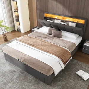 Gestoffeerd bed met LED-verlichting, hydraulisch opbergbed 140×200 cm, grijs, met schuim hoofdeinde Gestoffeerd bed met LED-verlichting, hydraulisch opbergbed 140×200 cm, grijs, met schuim hoofdeinde