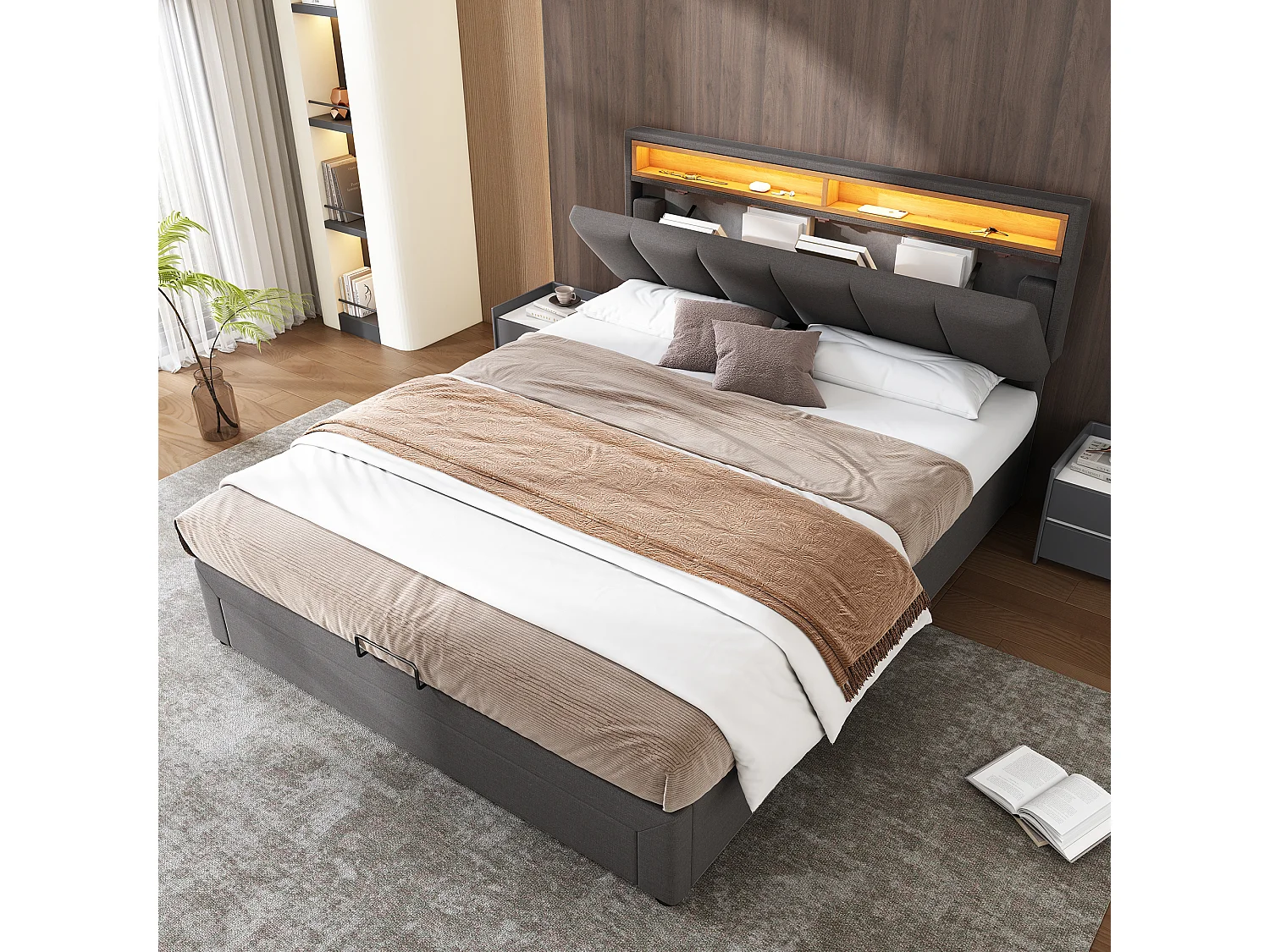 Gestoffeerd bed met LED-verlichting, hydraulisch opbergbed 140×200 cm, grijs, met schuim hoofdeinde