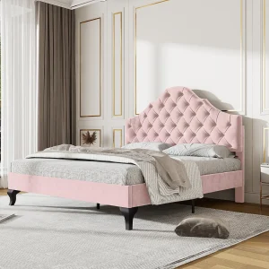 Gestoffeerd bed 140×200 cm in roze met verstelbare hoofdbord en lattenbodem, voor volwassenen en tieners Gestoffeerd bed 140×200 cm in roze met verstelbare hoofdbord en lattenbodem, voor volwassenen en tieners