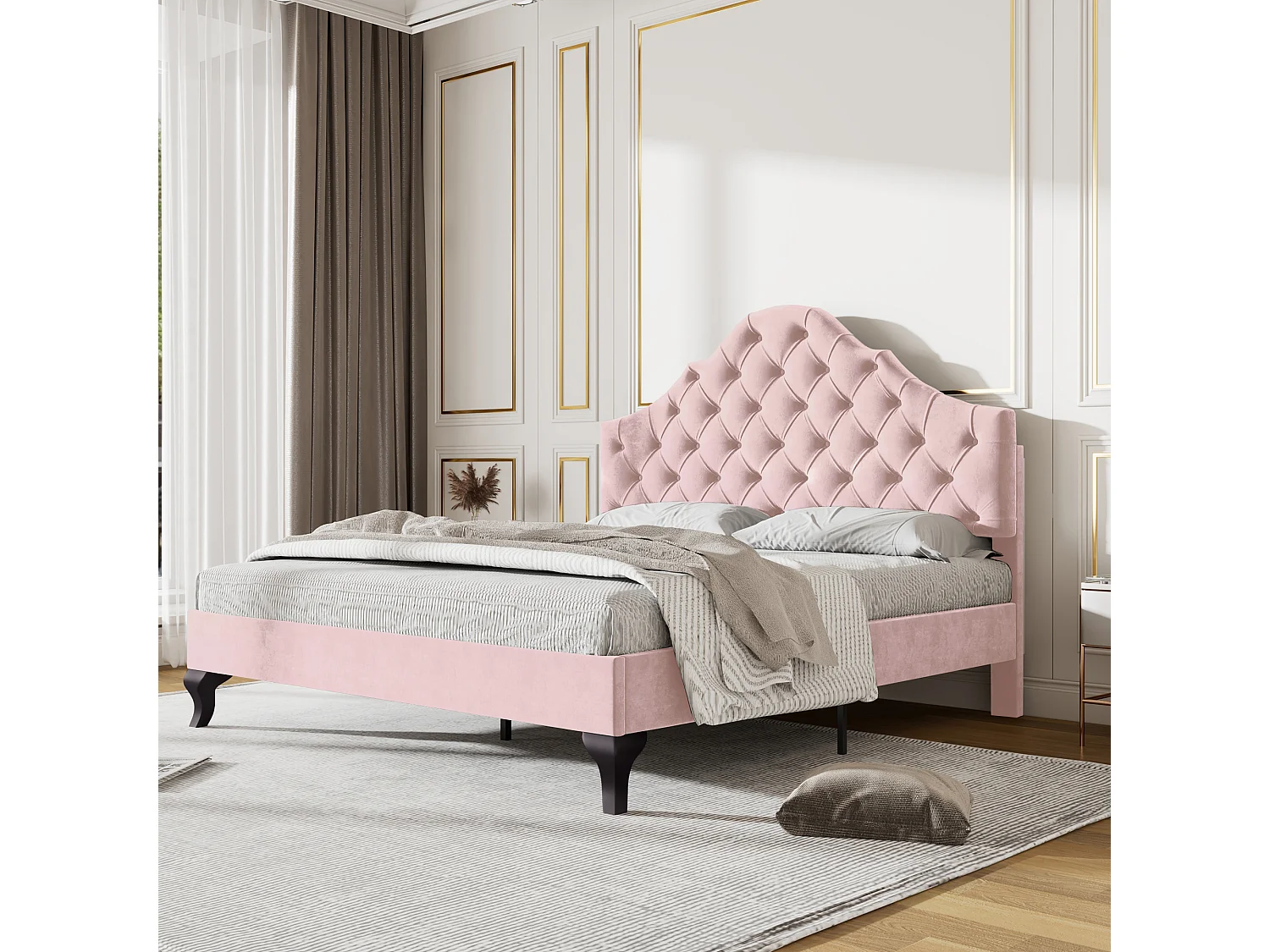 Gestoffeerd bed 140×200 cm in roze met verstelbare hoofdbord en lattenbodem, voor volwassenen en tieners