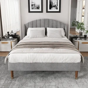Gestoffeerd bed 140×200 cm met lattenbodem en hoofdbord, modern ontwerp in grijs fluweel Gestoffeerd bed 140×200 cm met lattenbodem en hoofdbord, modern ontwerp in grijs fluweel