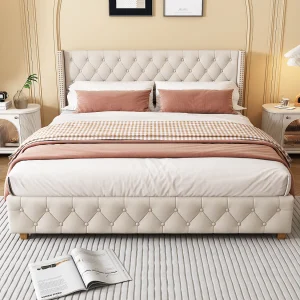 Gestoffeerd bed 160×200 cm met lattenbodem en hoofdeinde, knoopbekleding, nagelversiering, houten poten, linnen, beige