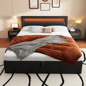 Gestoffeerd bed 140×190 cm zwart met LED-verlichting, lattenbodem en ingebouwde opbergruimte Gestoffeerd bed 140×190 cm zwart met LED-verlichting, lattenbodem en ingebouwde opbergruimte
