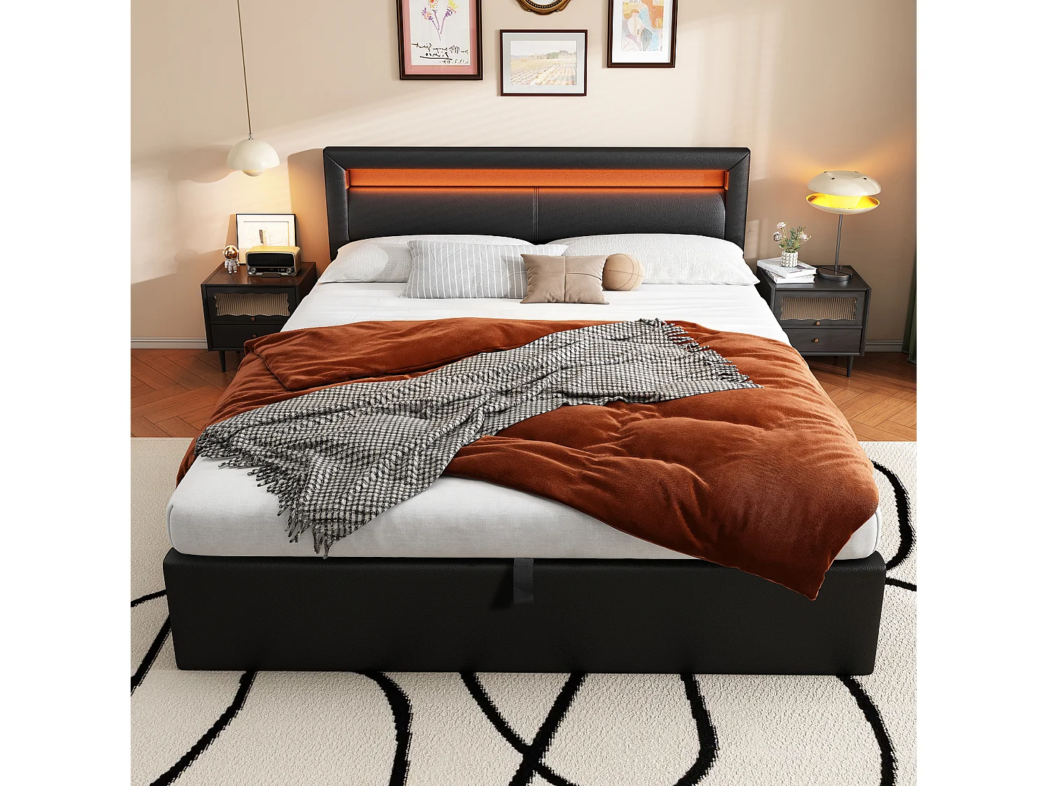 Gestoffeerd bed 140×190 cm zwart met LED-verlichting, lattenbodem en ingebouwde opbergruimte