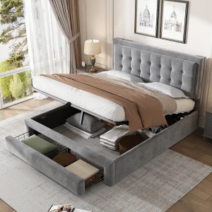 Gestoffeerd bed 140×190 cm in grijs fluweel met verstelbare hoofdbord en praktische opbergruimte Gestoffeerd bed 140×190 cm in grijs fluweel met verstelbare hoofdbord en praktische opbergruimte