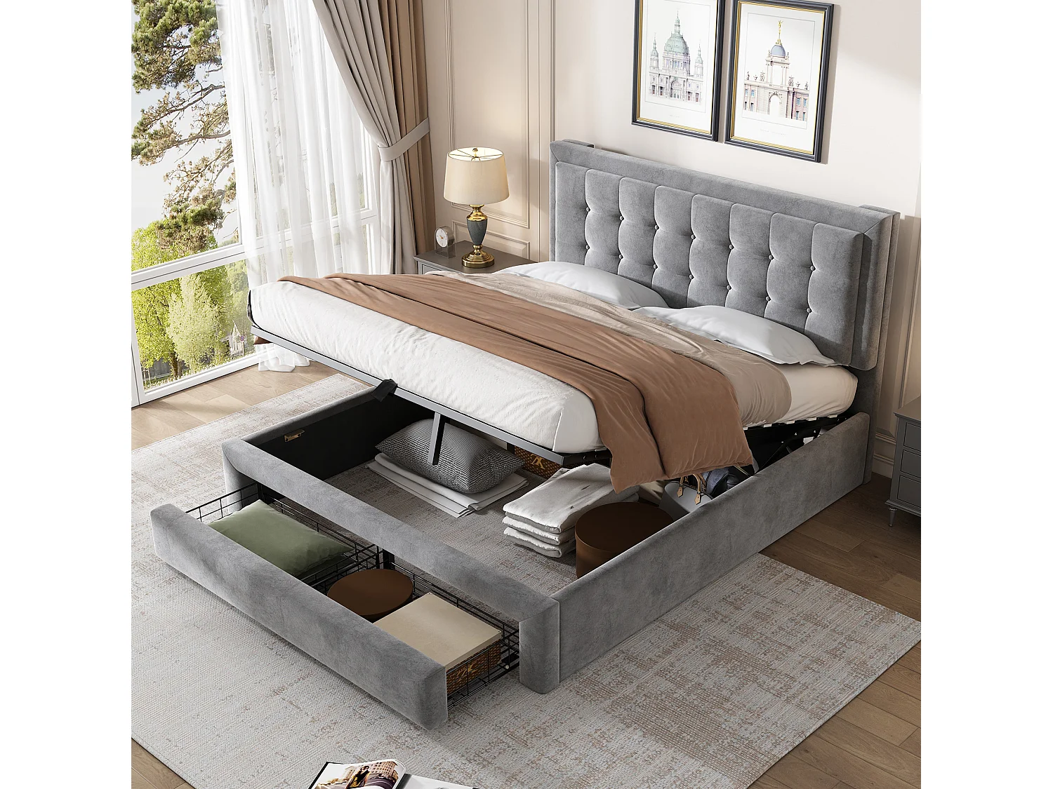 Gestoffeerd bed 140×190 cm in grijs fluweel met verstelbare hoofdbord en praktische opbergruimte