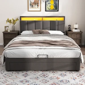 Gestoffeerd bed met LED-verlichting, hydraulisch opbergbed met lades, 140×190 cm, grijs Gestoffeerd bed met LED-verlichting, hydraulisch opbergbed met lades, 140×190 cm, grijs