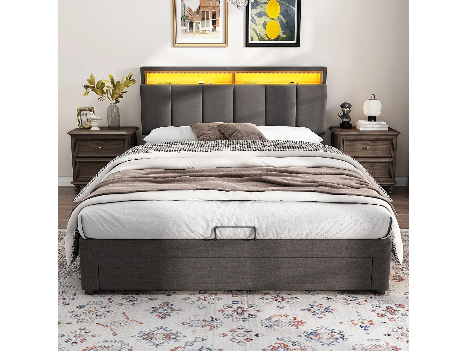 Gestoffeerd bed met LED-verlichting, hydraulisch opbergbed met lades, 140×190 cm, grijs