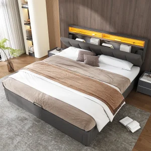 Gestoffeerd bed met LED-verlichting, hydraulisch opbergbed 180×200 cm, grijs, met schuim hoofdeinde Gestoffeerd bed met LED-verlichting, hydraulisch opbergbed 180×200 cm, grijs, met schuim hoofdeinde
