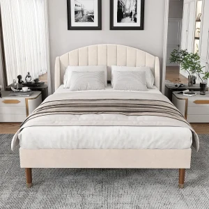 Gestoffeerd bed 140×200 cm met lattenbodem en hoofdbord, modern ontwerp, beige fluweel Gestoffeerd bed 140×200 cm met lattenbodem en hoofdbord, modern ontwerp, beige fluweel