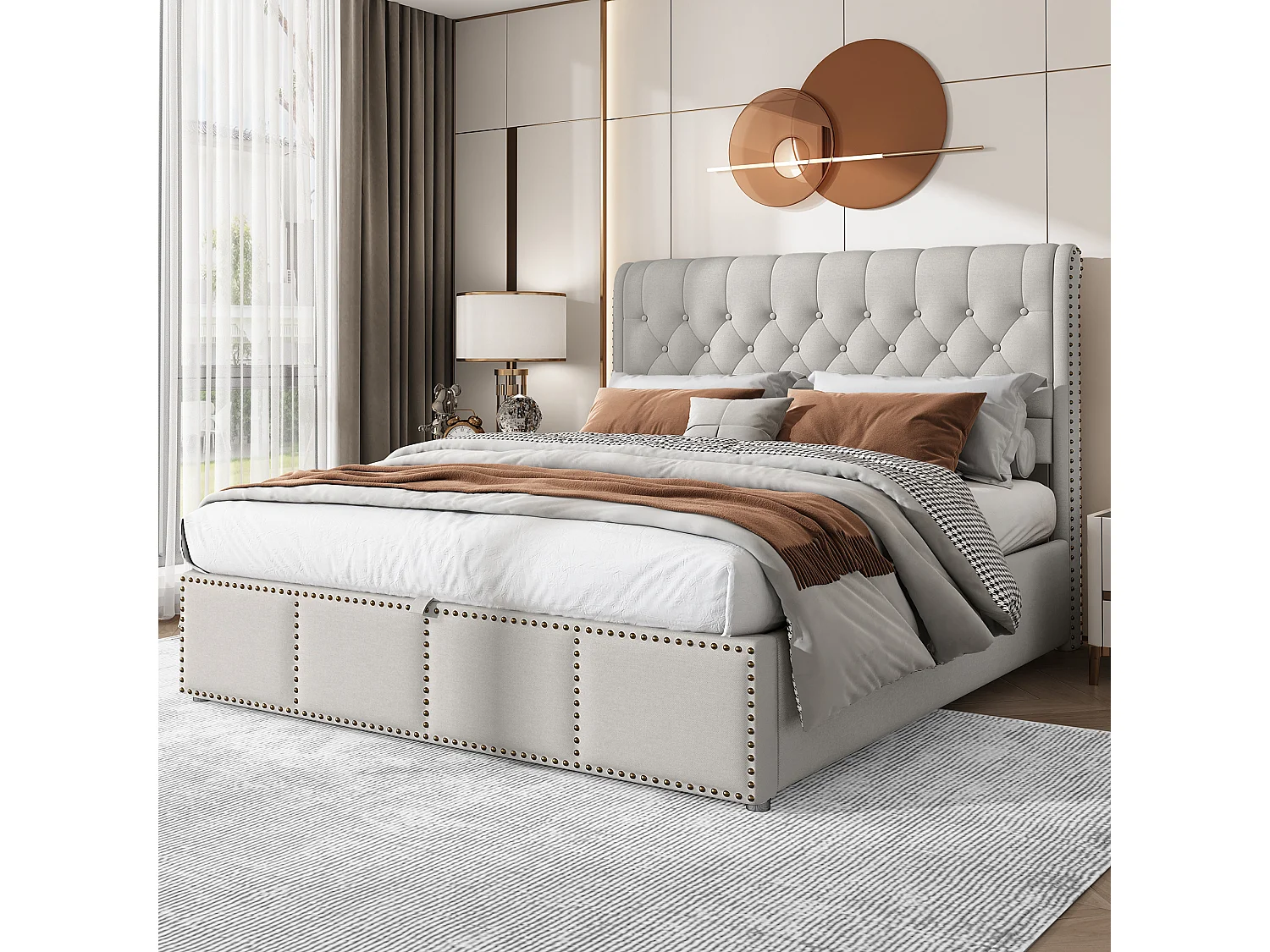 Grijs linnen bed 140×190 cm met opbergruimte, gestoffeerde hoofdbord en elegant ontwerp