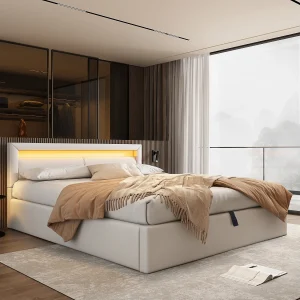 Gestoffeerd bed 140×190 cm wit met LED-verlichting, lattenbodem en opbergruimte Gestoffeerd bed 140×190 cm wit met LED-verlichting, lattenbodem en opbergruimte