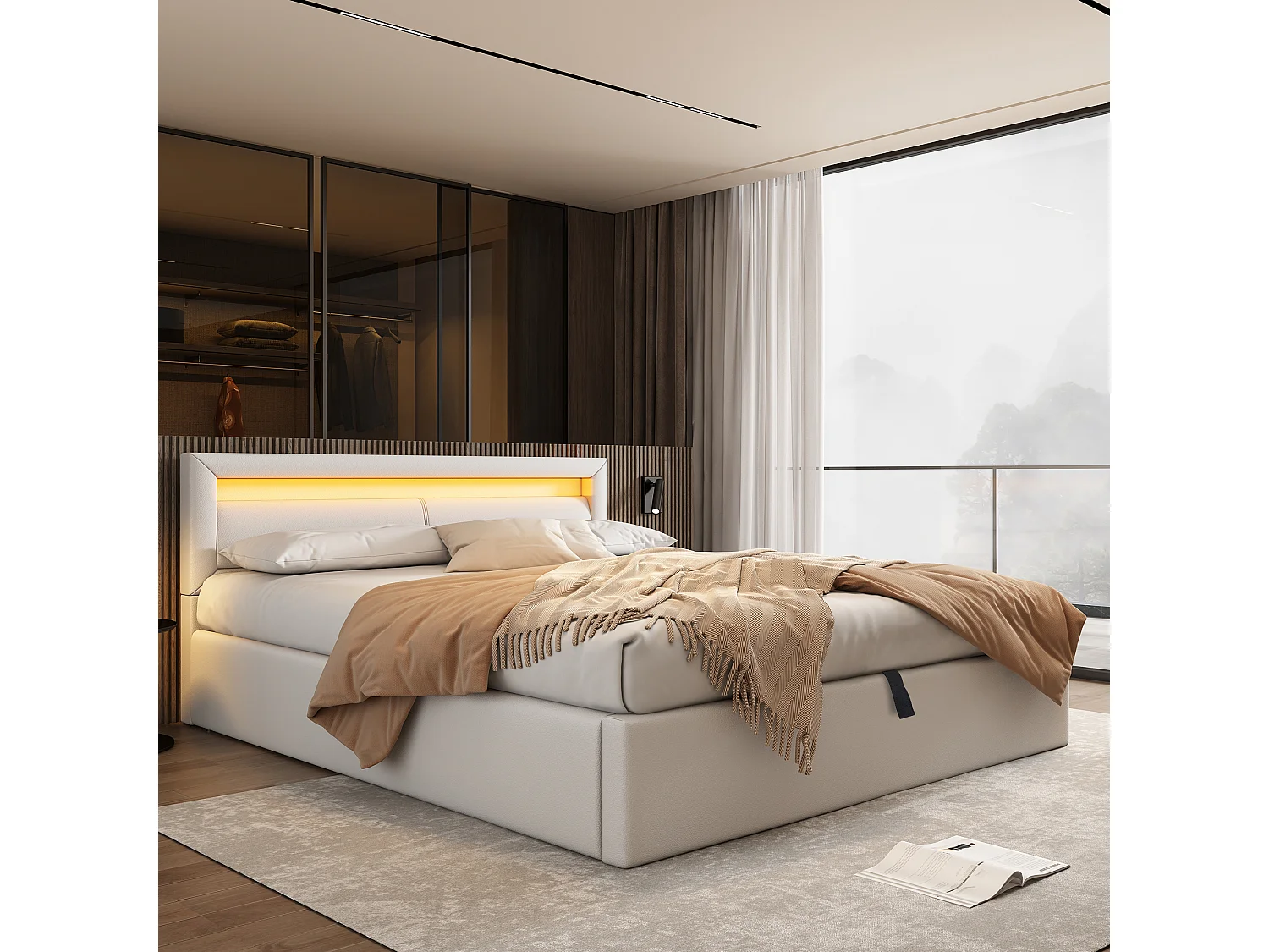 Gestoffeerd bed 140×190 cm wit met LED-verlichting, lattenbodem en opbergruimte