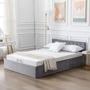 Grijs velvet bed, 140×200 cm, gestoffe hoofdbord, tweepersoonsbed met hydraulische opbergruimte, lattenbodem Grijs velvet bed, 140×200 cm, gestoffe hoofdbord, tweepersoonsbed met hydraulische opbergruimte, lattenbodem