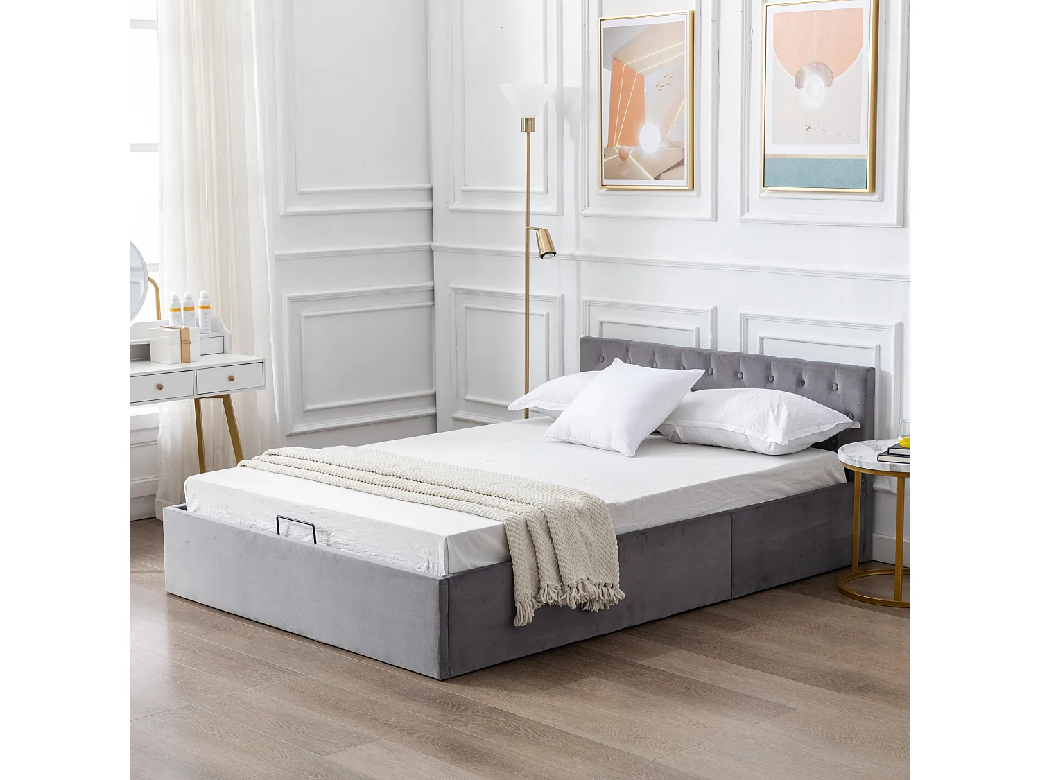 Grijs velvet bed, 140×200 cm, gestoffe hoofdbord, tweepersoonsbed met hydraulische opbergruimte, lattenbodem