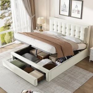 Gestoffeerd bed 140×190 cm in beige fluweel met verstelbare hoofdbord en praktische opbergruimte Gestoffeerd bed 140×190 cm in beige fluweel met verstelbare hoofdbord en praktische opbergruimte