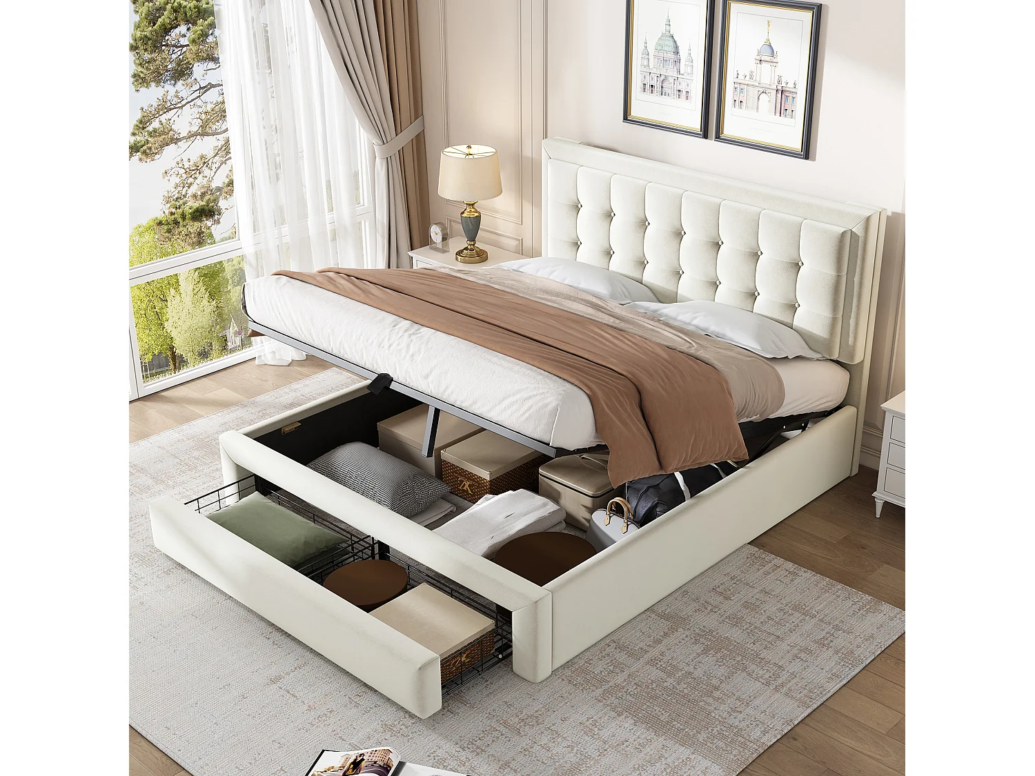Gestoffeerd bed 140×190 cm in beige fluweel met verstelbare hoofdbord en praktische opbergruimte