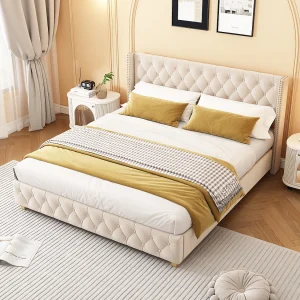 Gestoffeerd bed 160×200 cm met lattenbodem en hoofdbord, knoopbekleding, nagels, houten poten, fluweel, lichtbeige