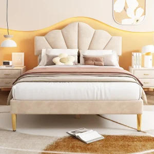 Gestoffeerd bed van velvet in beige 140×190 cm met verstelbare hoofdbord en gouden metalen poten