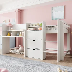 Halfhoogslaper 90×200 cm, huis met ramen, diverse lades, entertainmentruimte onder het bed, grenen, wit (205×124,5×101 cm) Halfhoogslaper 90×200 cm, huis met ramen, diverse lades, entertainmentruimte onder het bed, grenen, wit (205×124,5×101 cm)