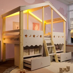 Halfhoog bed 90×200 cm, huis met ramen, 2 lades, LED, grenen, wit en naturel (208×124,5×158,5 cm) Halfhoog bed 90×200 cm, huis met ramen, 2 lades, LED, grenen, wit en naturel (208×124,5×158,5 cm)