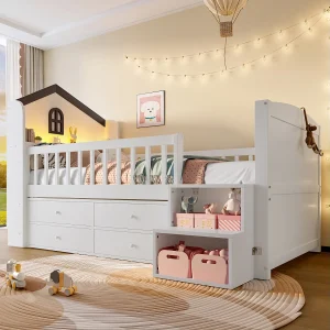 Halfhoog bed 90×200 cm, huis met ramen, 4 lades, LED, opbergladder, grenen, wit (214×124,5×120 cm) Halfhoog bed 90×200 cm, huis met ramen, 4 lades, LED, opbergladder, grenen, wit (214×124,5×120 cm)
