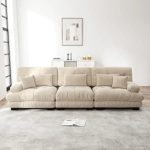 Hoekbank, drie zitplaatsen, zachte stof, gestoffeerd, beige Hoekbank, drie zitplaatsen, zachte stof, gestoffeerd, beige