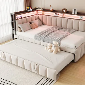 Gestoft slaapbank 90×200 cm – Met uitschuifbaar bed – LED-verlichting – USB- en Type-C-poorten – beige (matras niet inbegrepen) Gestoft slaapbank 90×200 cm – Met uitschuifbaar bed – LED-verlichting – USB- en Type-C-poorten – beige (matras niet inbegrepen)