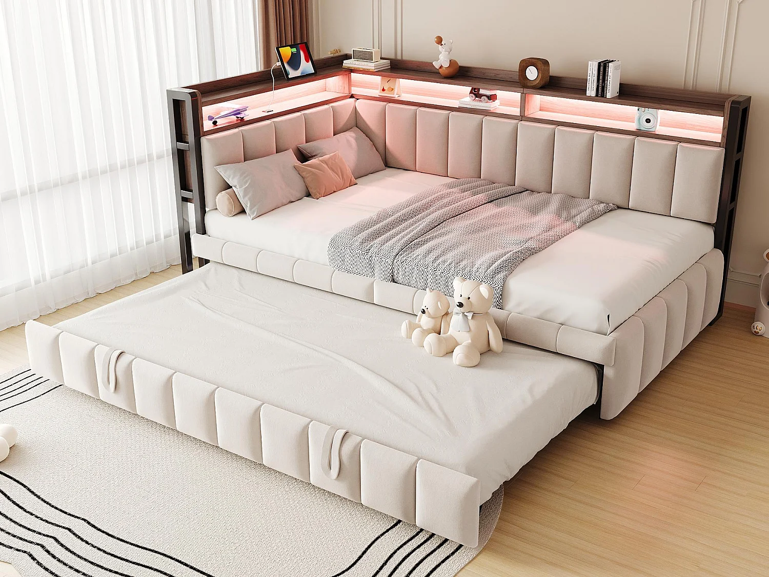 Gestoft slaapbank 90x200 cm - Met uitschuifbaar bed - LED-verlichting - USB- en Type-C-poorten - beige (matras niet inbegrepen)