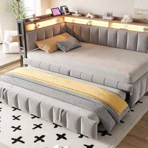 Gestoft slaapbank 90×200 cm – Met uitschuifbaar bed – LED-verlichting – USB- en Type-C-poorten – lichtgrijs (matras niet inbegrepen) Gestoft slaapbank 90×200 cm – Met uitschuifbaar bed – LED-verlichting – USB- en Type-C-poorten – lichtgrijs (matras niet inbegrepen)