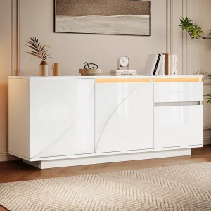 Glanzend dressoir met 3 deuren + LED's + 1 lade – 140 x 40 x 60 cm – verstelbare planken – MDF – wit