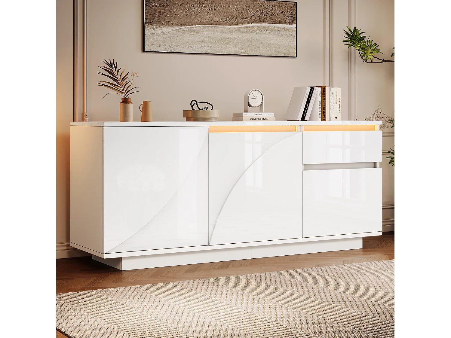 Glanzend dressoir met 3 deuren + LED's + 1 lade - 140 x 40 x 60 cm - verstelbare planken - MDF - wit